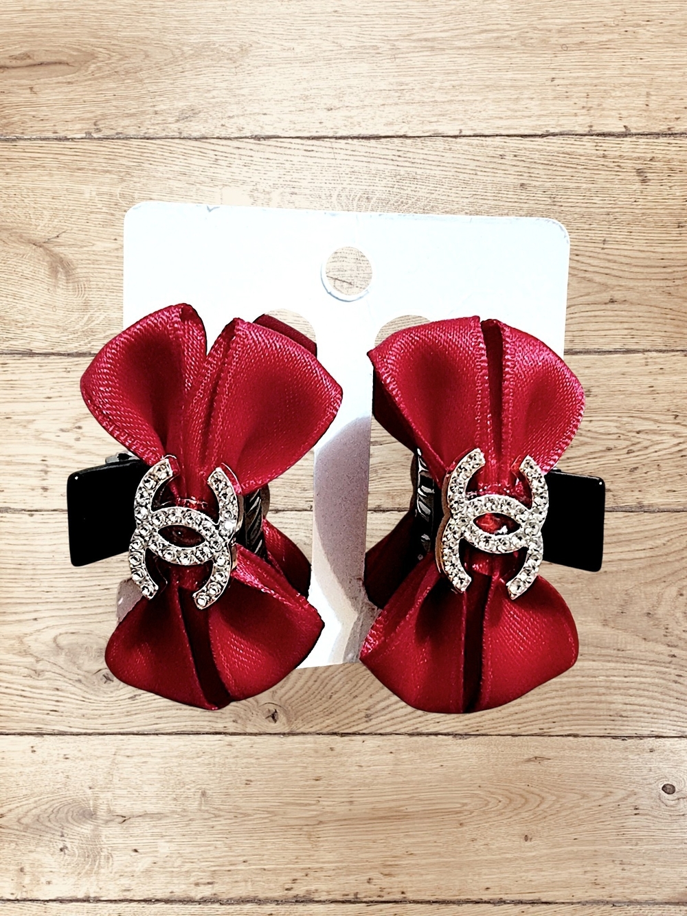 Red Satin Bow Hair Claw Clips with Rhinestone Interlock Accent